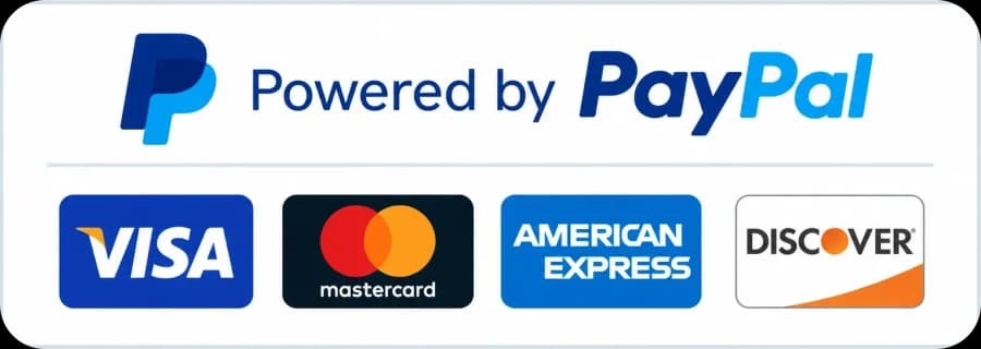 Powered by PayPal. We accept Visa, Mastercard, American Express and Discover.