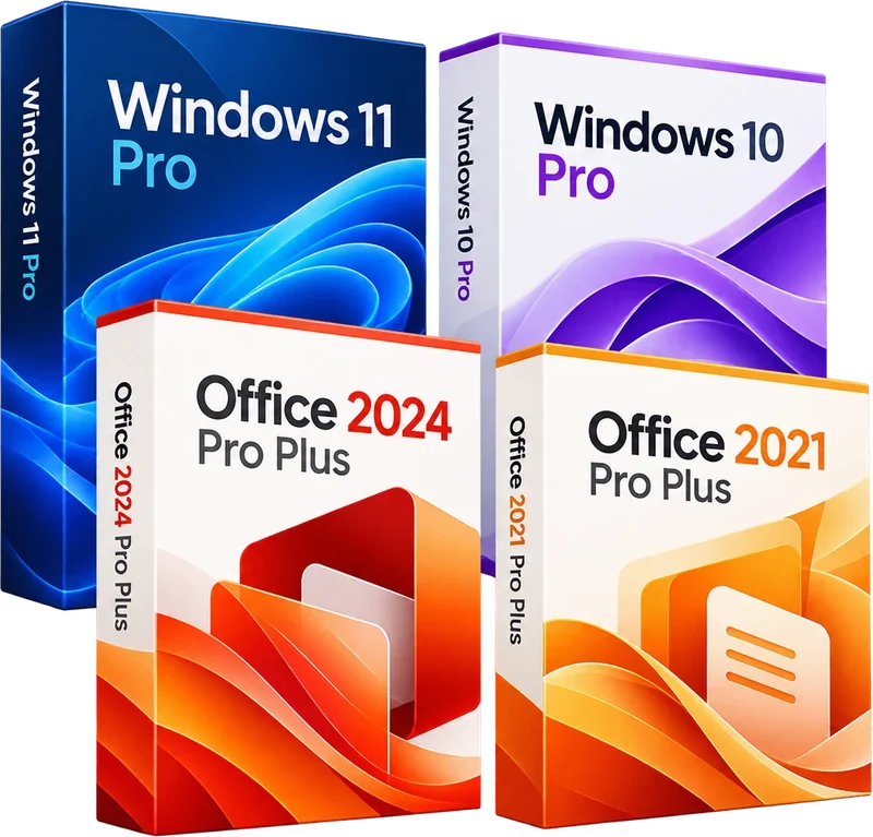 Windows 11 Pro, Windows 10 Pro, Office 2024 Pro Plus and Office 2021 Pro Plus software boxes